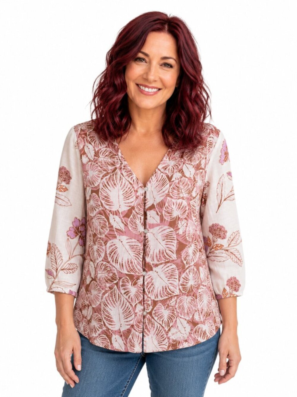 Tahari Linen Blouse Size S V Neck Button Front 3/4 Sleeve Lightweight Summer